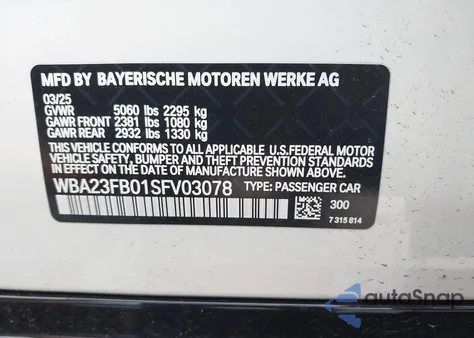 2025 BMW 4 Series Gran Coupe 430I from USA, damaged, VIN WBA23FB01SFV03078